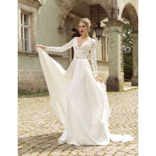 Summer Chiffon Wedding Dress with Long Lace Sleeves